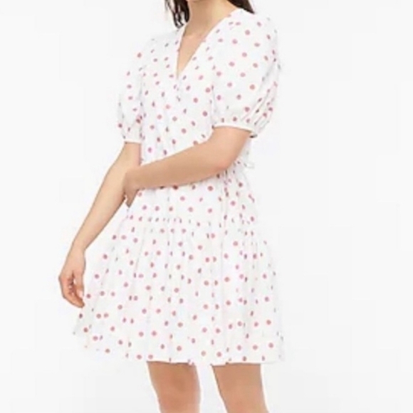 J.crew White Polka Dot V-Neck puff Sleeve Poplin Wrap mini Dress. - Picture 1 of 12